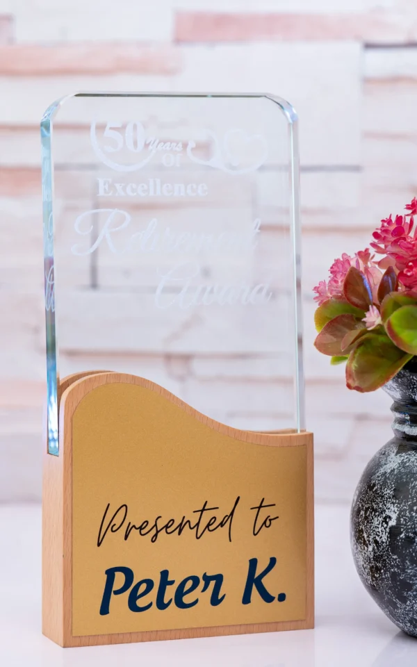 Crystal Glass Award Plaque Wooden Base UV Printed 4000 Nairobi | Call / WhatsApp 0119383838 | Credible Point